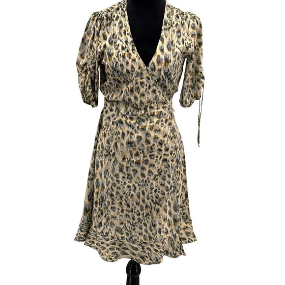 lovestitch Dresses & Skirts - Lovestitch Wrap Dress Women M Leopard Animal Print Puff Sleeves Tie Waist Flowy